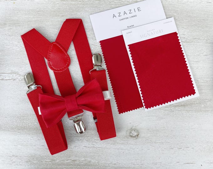 Scarlet Red Bow Tie & Suspenders Set - Ring Bearer and Groomsman Outfit, Rustic Wedding, Pocket Square, All Sizes Baby to Adult