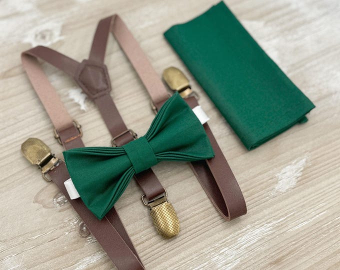 Juniper Bow tie & Suspenders, Skinny Leather Braces, Emerald Green Bow, Pocket Square, Ring Bearer Outfit, Boho Rustic Wedding