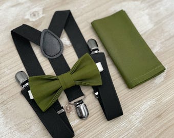 Olive Bow Tie & Black Suspenders Set - Ring Bearer and Groomsman Outfit, Rustic Wedding, Pocket Square, All Sizes Baby to Adult