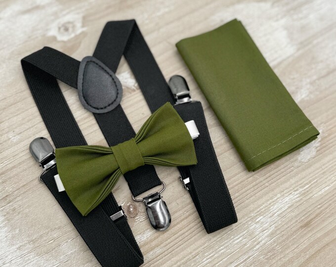 Olive Bow tie & Suspenders, Black Braces, Pocket Square, Ring Bearer Outfit, Boho Rustic Wedding