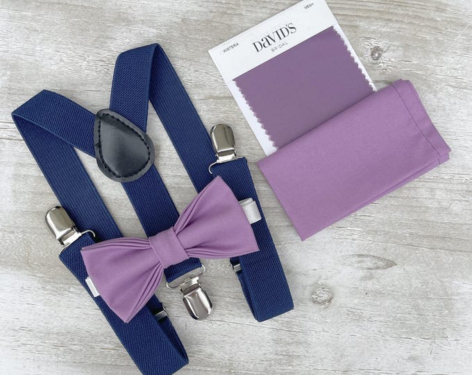Wisteria Purple Bow Tie & Navy Suspenders – All Sizes Baby to Adult, Ring Bearer Outfit, Groomsman Gift, Wedding Outfit, Pocket Square