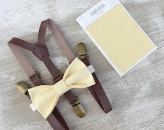 Yellow Bow Tie & Skinny Leather Suspenders – All Sizes for Boys and Men, Buttercup Bow, Pocket Square, Ring Bearer, Rustic Wedding