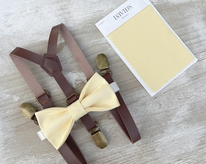 Yellow Bow Tie & Suspenders – All Sizes for Boys and Men, Skinny Leather Braces, Buttercup Bow, Pocket Square, Ring Bearer, Rustic Wedding