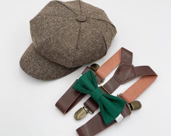 Newsboy Cap Outfit for Baby to Adult - Ring Bearer and Groomsman Wedding Set, Emerald Bow Tie and Leather Suspenders, Gatsby Flat Cap
