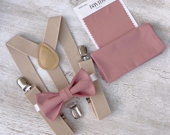 Desert Coral Bow Tie & Champagne Suspenders Set - Ring Bearer and Groomsman Outfit, Rustic Wedding, Pocket Square, All Sizes Baby to Adult