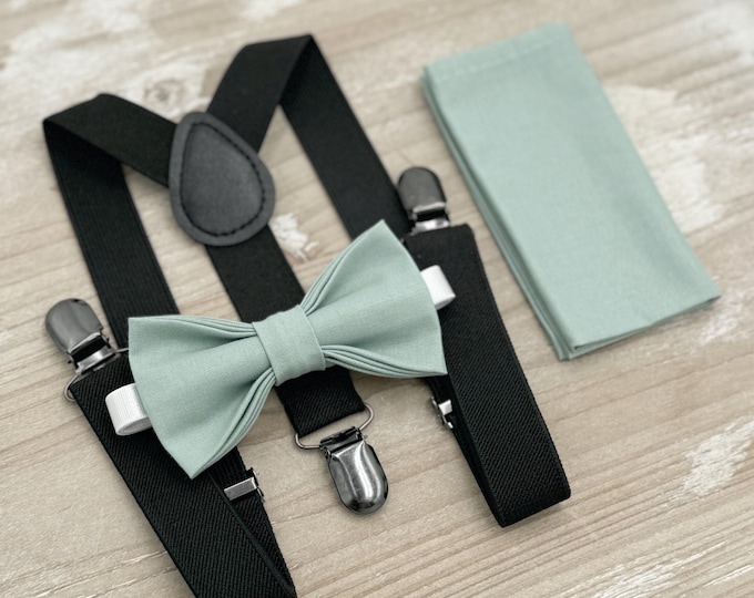 Dusty Sage Bow Tie & Black Suspenders – Ring Bearer Outfit, All Sizes Baby to Adult, Groomsman Gift, Pocket Square, Boho Wedding Set