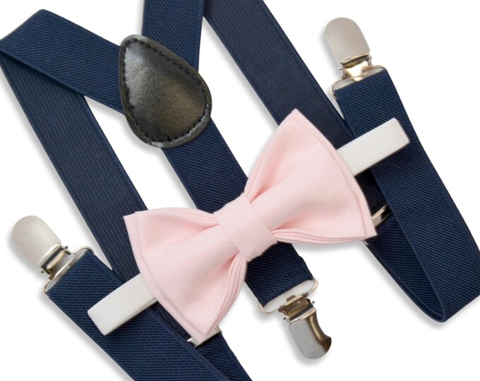 Light Pink Bow Tie & Navy Blue Suspenders, Pocket square, Boy's Ring Bearer gift, Groomsmen Wedding outfit, Marine Blue Braces