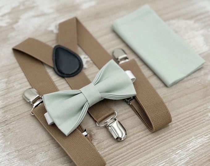 Dusty Sage Bow tie & Suspenders, Taupe Braces, Pocket Square, Ring Bearer Outfit, Boho Wedding Set