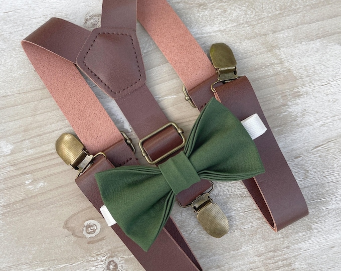 Forest Green Bow Tie & Leather Suspenders , Ring Bearer Groomsmen Gift , Wedding outfit