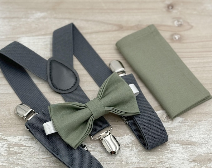 Moss Bow Tie & Suspenders – All Sizes for Men and Boys, Pocket Square, Dark Gray Suspenders, Ring Bearer Gift, Rustic Wedding Set