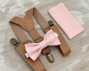 Blush Bow Tie & Leather Suspenders Set - Ring Bearer and Groomsman Outfit, Rustic Wedding, Petal Pink Pocket Square, All Sizes Baby to Adult