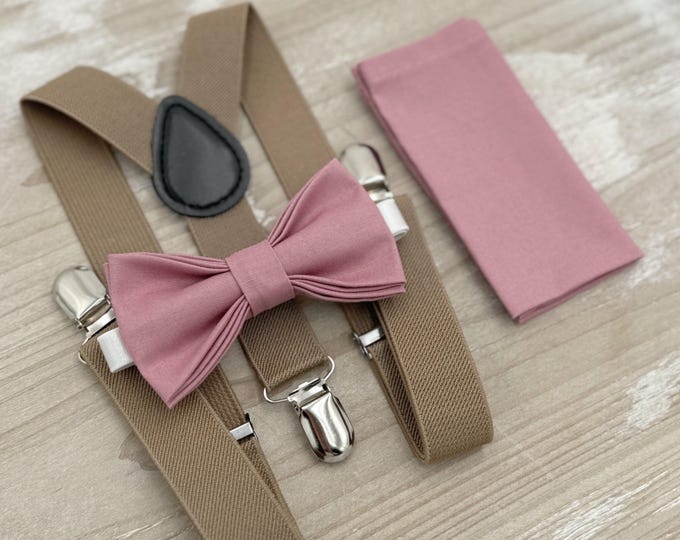 Dusty Rose Bow Tie & Suspenders – All Sizes for Men and Boys, Taupe Braces, Pocket Square, Ring Bearer, Groomsman Gift, Boho Barn Wedding