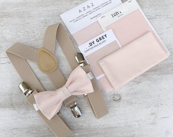 Blushing Pink Bow Tie & Champagne Suspenders Set - Ring Bearer and Groomsman Outfit, Rustic Wedding, Pocket Square, All Sizes Baby to Adult