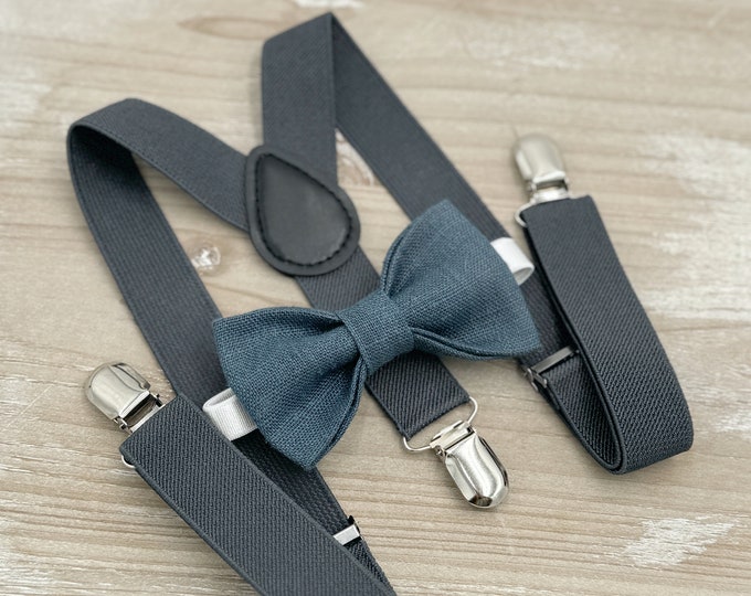 Linen Steel Blue Bow Tie & Dark Gray Suspenders Set - Ring Bearer and Groomsman Outfit, Rustic Wedding, All Sizes Baby to Adult