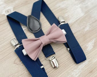 Dusty Mauve Bow Tie & Navy Blue Suspenders Set - Ring Bearer and Groomsman Outfit, Rustic Wedding, All Sizes Baby to Adult