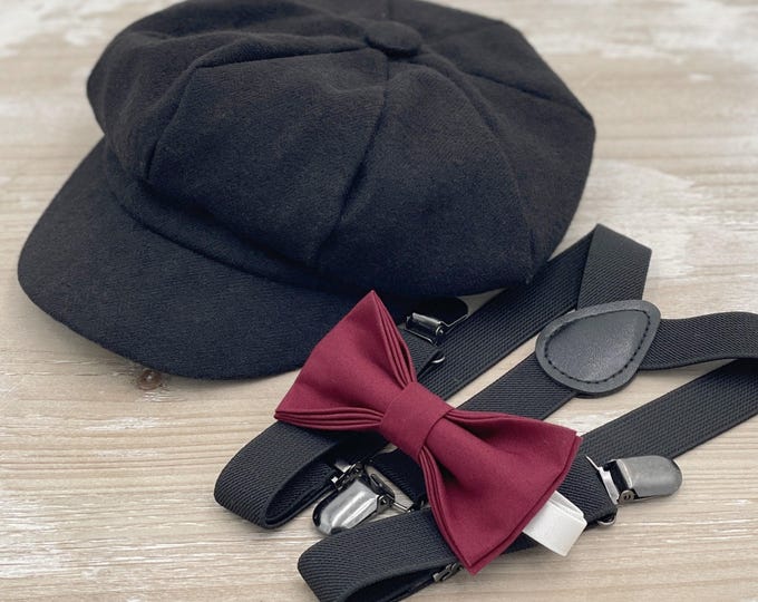 Newsboy Cap, Black Suspenders, Cabernet Wine Bow Tie, Ring Bearer Outfit, Cake Smash Outfit, Page Boy Cap, Wedding Set, Applejack Hat