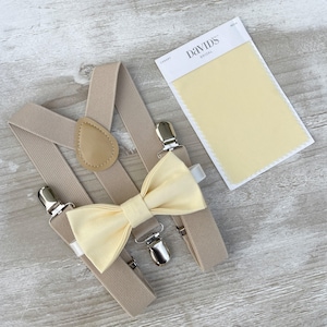 Yellow Bow Tie & Champagne Suspenders – All Sizes Baby to Adult, Buttercup Bow, Ring Bearer Groomsman Gift, Pocket Square, Canary Wedding