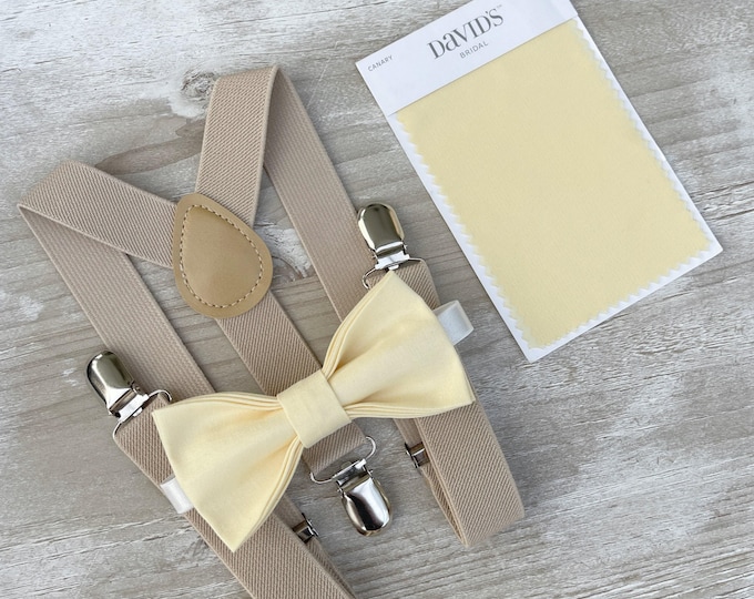 Yellow Bow Tie & Champagne Suspenders – All Sizes Baby to Adult, Buttercup Bow, Ring Bearer Groomsman Gift, Pocket Square, Canary Wedding