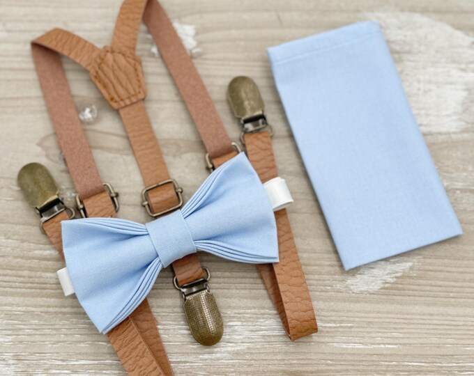 Ice Blue Bow Tie & Skinny Leather Suspenders – Ring Bearer and Groomsman Outfit, Rustic Boho Wedding, Pocket Square, Toddler to Adult Sizes