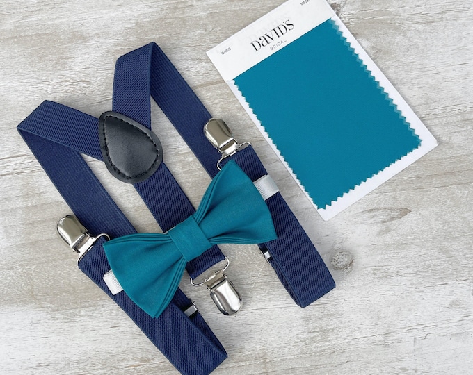 Oasis Blue Bow Tie & Navy Suspenders Set - Ring Bearer and Groomsman Outfit, Rustic Wedding, Pocket Square, All Sizes Baby to Adult