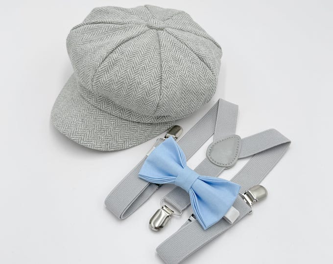 Newsboy Cap, Gatsby Flat Cap, Gray Suspenders & Ice Blue Bow Tie - Baby to Adult Sizes, Ring Bearer Outfit, Page Boy Wedding Set