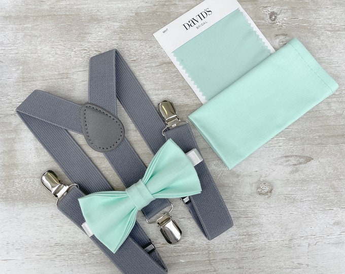 Mint Bow Tie &  Medium Gray Suspenders , pocket square , Kids Baby Boy Ring Bearer set , Mens groom Best Man Wedding Adult outfit