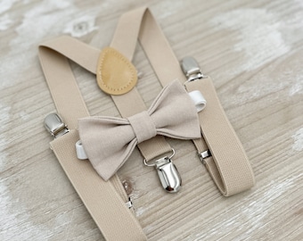 Almond Linen Bow Tie & Suspenders – Biscotti Wedding Set, Champagne Tan Suspenders, All Sizes Baby to Adult, Groomsmen Gift, Rustic Wedding