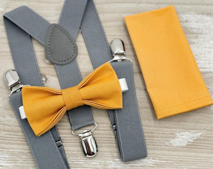 Marigold Bow Tie & Gray Suspenders - Ring Bearer and Groomsman Outfit, Rustic Wedding, Pocket Square, Toddler to Adult Sizes