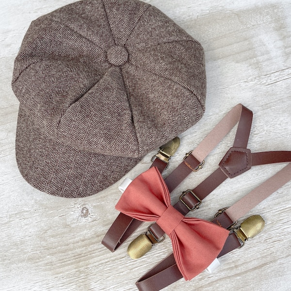 Taupe Applejack hat Newsboy Cap & Sedona Bow Tie , Skinny Brown Vegan Leather Suspenders , Men's Best man Kid's Ring bearer baby boy set