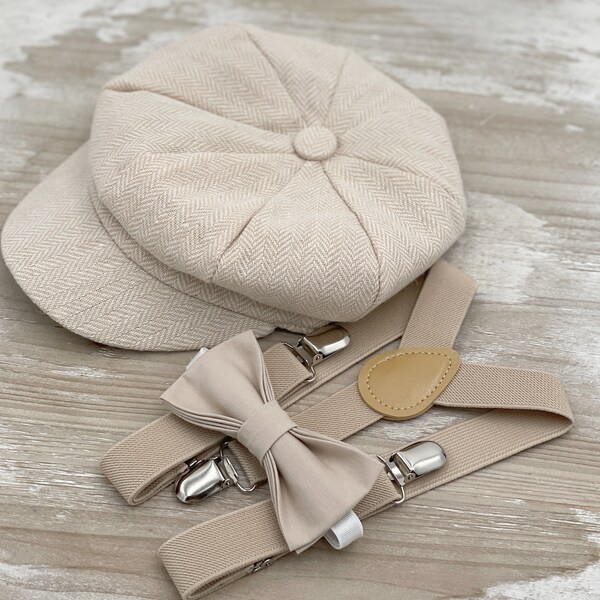 Boy's Applejack Newsboy cap , Biscotti Bow Tie & Champagne Tan Suspenders , Wedding set , Ring bearer outfit , Page Boy hat , Newborn set