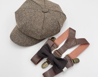 Newsboy Cap Outfit, Baby to Adult - Ring Bearer & Groomsman Wedding Set, Coffee Brown Bow Tie and Leather Suspenders, Gatsby Flat Cap