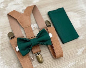 Pine Bow Tie & Leather Suspenders - Ring Bearer and Groomsman Outfit, Rustic Wedding, Gem Green Pocket Square, All Sizes Baby to Adult