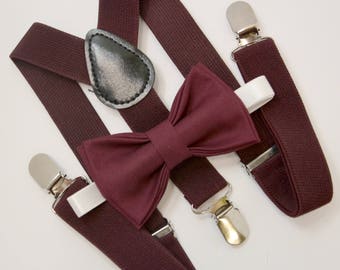 Bow Tie & Suspenders SET / DARK burgundy Bow Tie and Matching Suspenders / Kids Mens Baby Wedding Page Boy Set 6 mo - Adult Page Boy Set