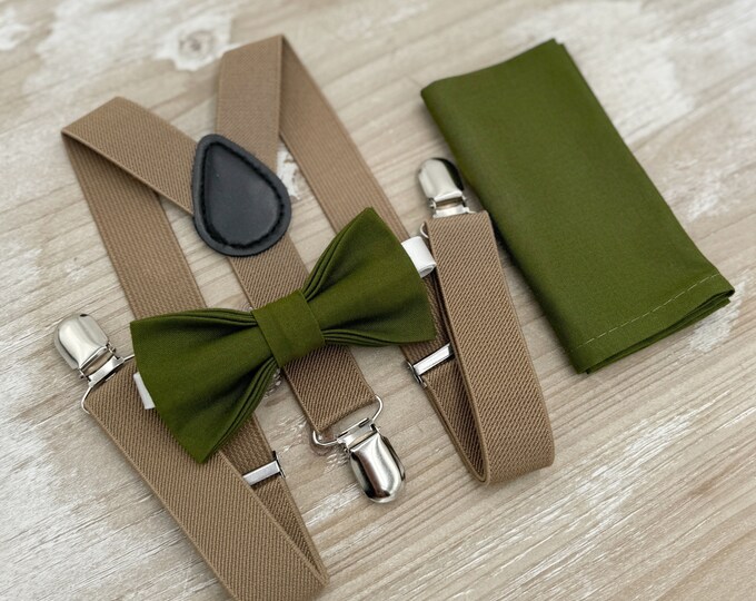 Olive Bow tie & Suspenders, Taupe Braces, Pocket Square, Ring Bearer Outfit, Mens and Boys BowTie, Boho Rustic Wedding