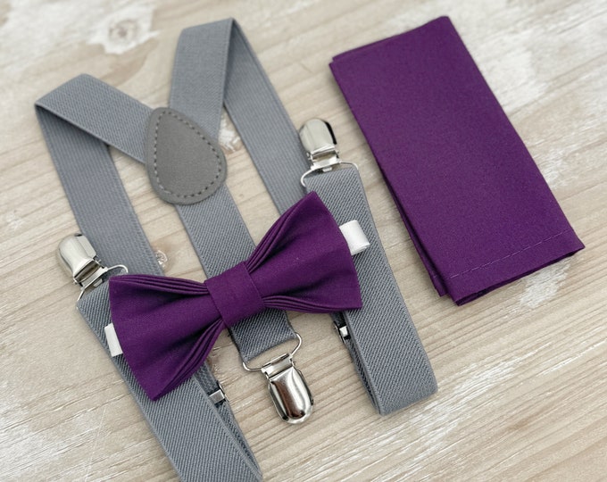 Plum Bow tie & Suspenders, Gray Braces, Grape Bowtie, Pocket Square, Ring Bearer Outfit, Boho Rustic Wedding Set