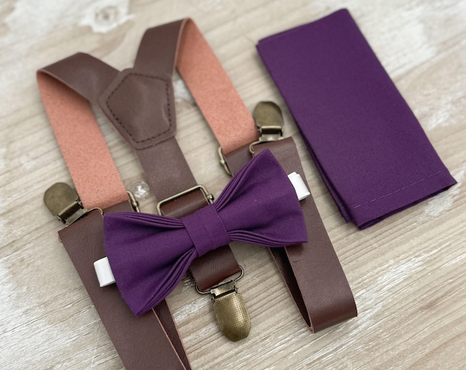 Plum Bow tie & Suspenders, Leather Braces, Grape Bowtie, Pocket Square, Ring Bearer Outfit, Boho Rustic Wedding Set