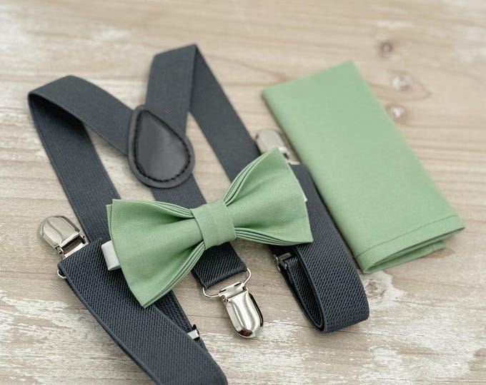Matcha Bow tie & Suspenders, Dark Gray Braces, Pocket Square, Ring Bearer Outfit, Rustic Wedding, Groomsman Gift, Meadow Sage Bow Tie