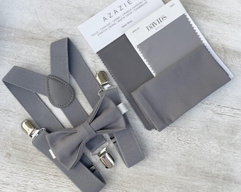 Gray Bow Tie & Suspenders – All Sizes for Men and Boys, Pocket Square, Ring Bearer Gift, Rustic Wedding Set