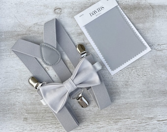 Pale Gray Bow Tie & Suspenders Set - Ring Bearer and Groomsman Outfit, Rustic Wedding, Pocket Square, All Sizes Baby to Adult