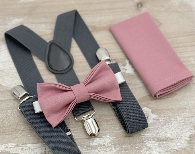 Dusty Rose Bow Tie & Suspenders – All Sizes for Men and Boys, Dark Gray Braces, Pocket Square, Ring Bearer, Groomsman Gift, Barn Wedding