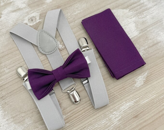 Plum Bow tie & Suspenders, Light Gray Braces, Grape Bowtie, Pocket Square, Ring Bearer Outfit, Boho Rustic Wedding Set