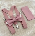 Dusty Rose Bow Tie and Suspenders Set – Pocket Square, Ring Bearer Outfit, Groomsman Gift, Boho Barn Wedding Accessories