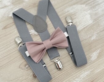 Dusty Mauve Bow Tie & Gray Suspenders Set - Ring Bearer and Groomsman Outfit, Rustic Wedding, Pocket Square, All Sizes Baby to Adult