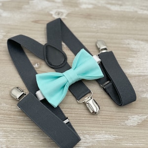 Aqua Bow tie & Suspenders | Charcoal Dark Gray Braces | Pocket Square | Ring Bearer Outfit | Boho Wedding | Groomsman Gift