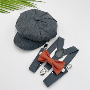 Newsboy Cap, Gatsby Flat Cap, Dark Gray Suspenders & Paprika Bow Tie - Baby to Adult Sizes, Ring Bearer Outfit, Page Boy Wedding Set