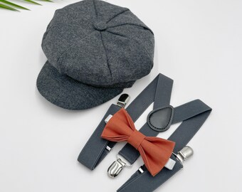 Newsboy Cap, Gatsby Flat Cap, Dark Gray Suspenders & Paprika Bow Tie - Baby to Adult Sizes, Ring Bearer Outfit, Page Boy Wedding Set