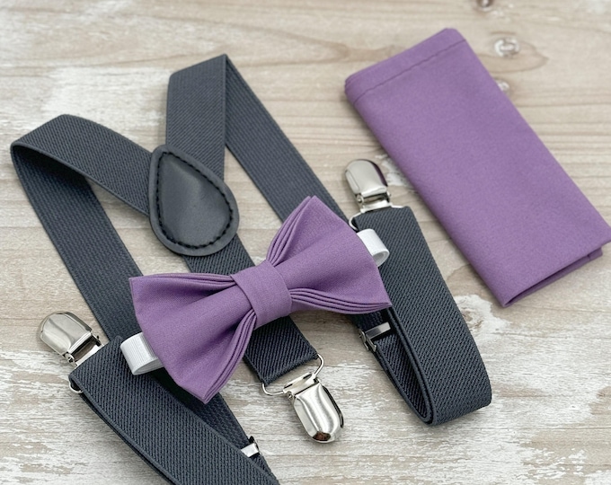 Wisteria Purple Bow Tie & Charcoal Suspenders – All Sizes Baby to Adult, Ring Bearer Outfit, Groomsman Gift, Wedding Outfit, Pocket Square