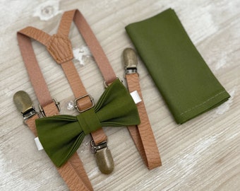 Olive Green Bow Tie & Skinny Leather Suspenders – Ring Bearer and Groomsman Outfit, Rustic Wedding, Pocket Square, Toddler to Adult Sizes