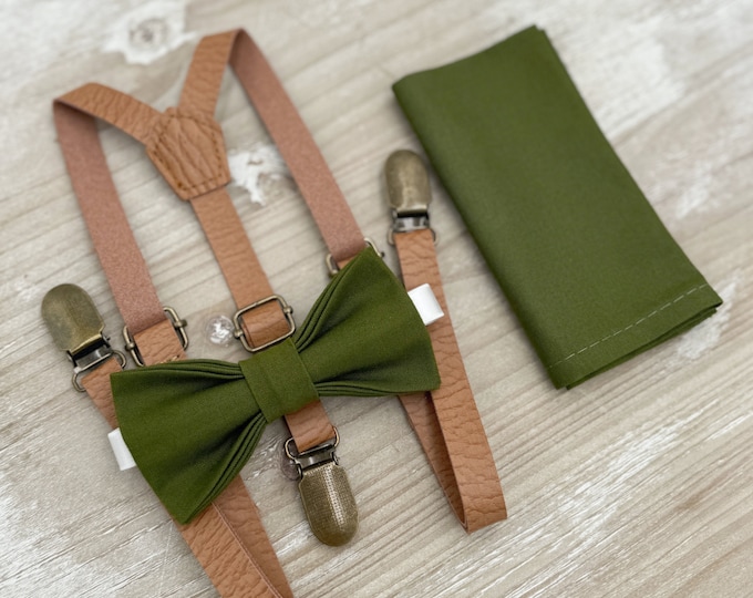 Olive Green Bow Tie & Skinny Leather Suspenders – Ring Bearer and Groomsman Outfit, Rustic Wedding, Pocket Square, Toddler to Adult Sizes