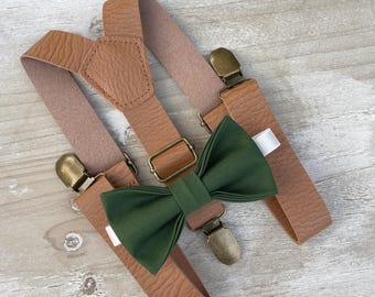 Forest Green Bow Tie & Leather Suspenders Set - Ring Bearer and Groomsman Outfit, Rustic Wedding, All Sizes Baby to Adult